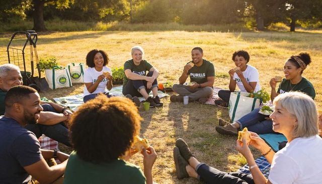 Volunteers sharing picnic and garden harvest circle in sunlit park