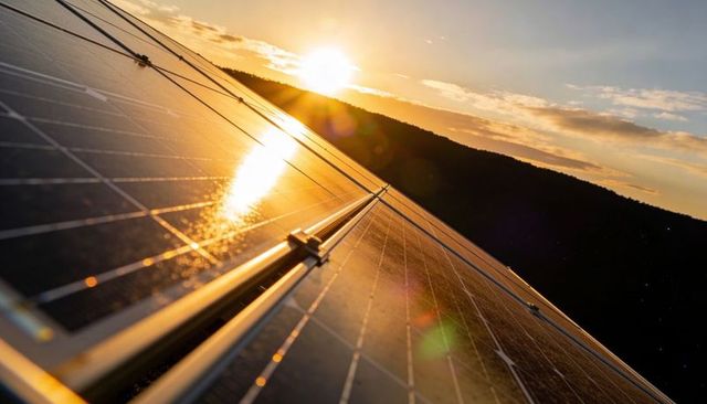 Photovoltaic panels reflecting golden sunset over hilly farm with visible rails and clamps