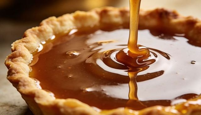 Pouring glossy caramel over golden flaky tart filling creating smooth velvety ripples