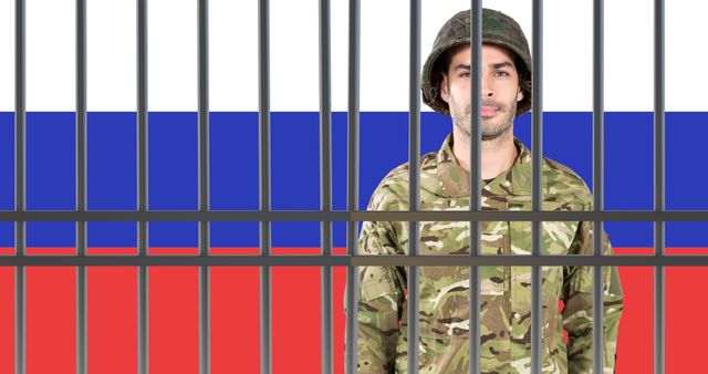 Soldier in camouflage uniform standing behind bars with Russian flag behind, suggesting themes of imprisonment, conflict, and military justice. Useful for articles or campaigns discussing war prisoners, political conflict involving Russia, or military discipline issues.
