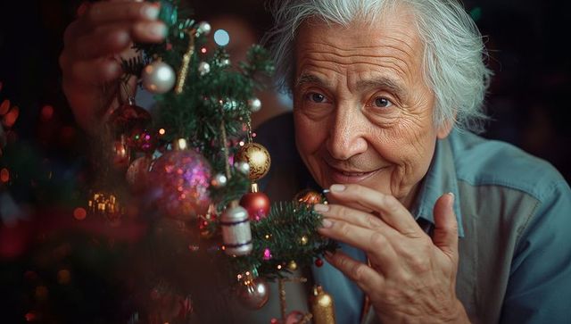 Senior Woman Joyfully Decorating Tabletop Christmas Tree