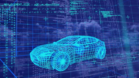 Digital Car Wireframe with Data Overlay in Virtual Reality Space