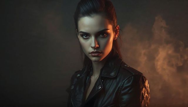 Moody portrait of woman in leather jacket with smoke and shadows
