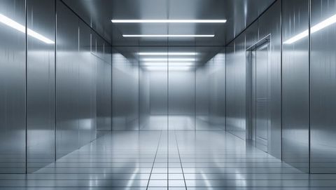 Futuristic Metal Corridor with Elevator in Modern Office Lobby