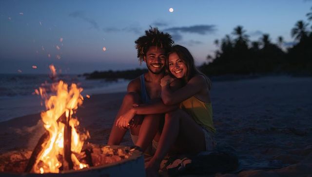 Couple cuddling by bonfire on tropical beach at dusk with moonlit sky and palms