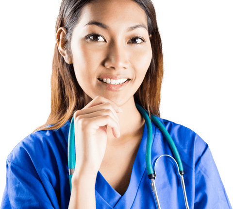Transparent Asian Nurse Pondering with Hand on Chin in Uniform