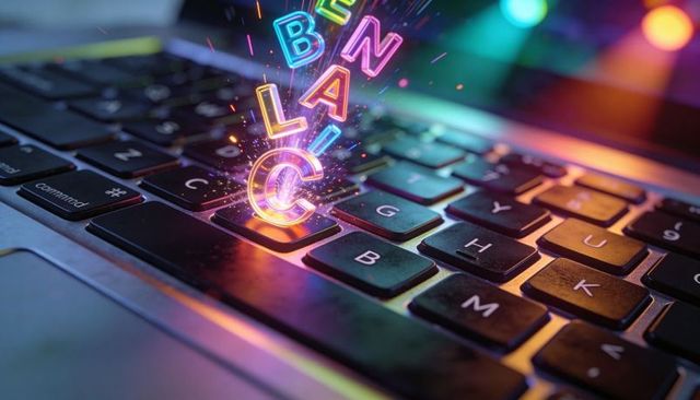 Neon holographic letters rising from laptop keyboard, glowing alphabet with sparks, bokeh