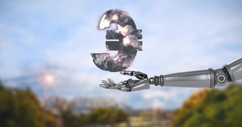 Robotic arm presenting charred euro symbol above blurred urban park with sunflare
