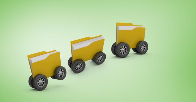 This image shows three yellow folders with wheels against a green background, symbolizing mobility and organization of digital files. It can be used in articles or presentations about data management, innovative storage solutions, or digital organization tools.