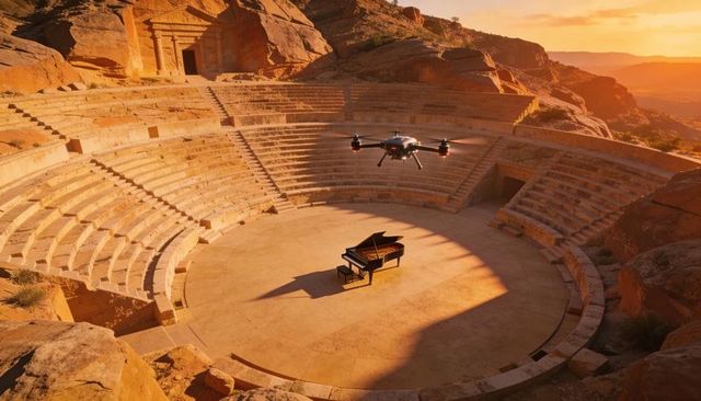 Grand piano casting shadow in sunlit stone amphitheater with hovering drone at sunset