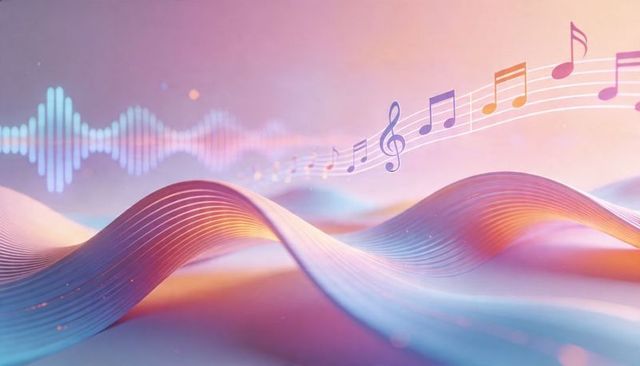Flowing Luminous Music Waveform with Musical Notes Riding Ribbon Rhythm Abstract Gradient