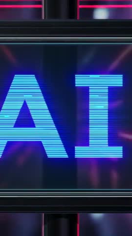 Vertical Neon AI Display Flickering with Blue Scanlines and Futuristic Glitch Pulse