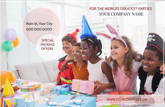 Perfect for advertising birthday party services, costumes, or children's events. Great for depicting diversity and inclusivity at kids' celebrations. Can be used for promotional materials, websites, or brochures aimed at parents or event organizers.