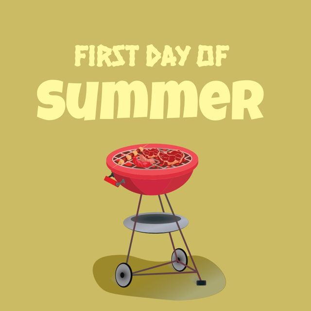 Illustration with 'First Day of Summer' text and barbecue grill with meat represents summer celebration and outdoor cooking. Ideal for seasonal advertising, summer event invitations, and cookout-themed graphics.