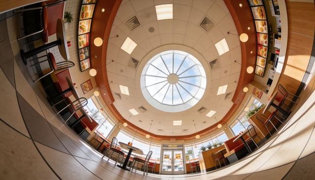 Showcasing circular skylight and dome ceiling in modern fast food diner with red booths