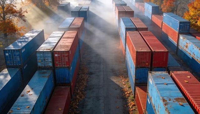 Stacked shipping containers lining foggy yard with sunbeams and autumn leaves