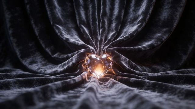 Faceted crystal heart radiating warm amber light on dark velvet folds