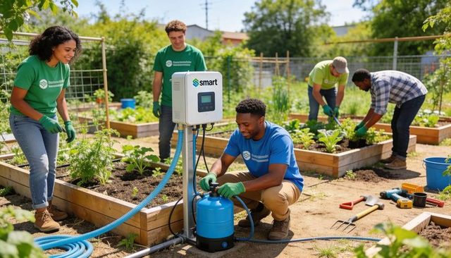 Volunteers installing smart irrigation pump in community garden beds for urban horticulture