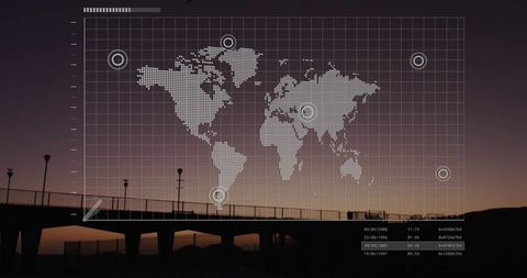 Dusk bridge with digital world map overlay and target markers