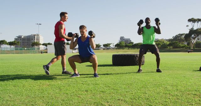 Men participating in an outdoor strength training session involving dumbbells. They are engaging in various exercises such as squatting and lifting weights, demonstrating group workout dynamics and teamwork. Great for content focusing on fitness, outdoor workouts, physical health, teamwork, personal training, and active lifestyle promotions.