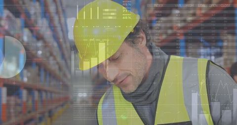Warehouse Worker Analyzing Data with Technological Overlay