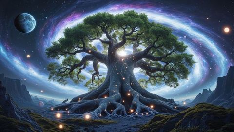 Ancient dreaming tree with glowing orbs and spiral galaxy