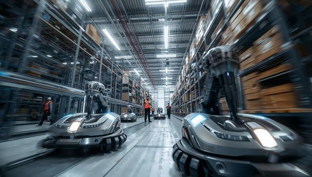 Autonomous robots navigating high-bay warehouse aisles while workers monitor via tablets