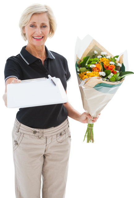 Senior Female Courier Transparent with Flower Bouquet and Clipboard - Download Free Stock Videos Pikwizard.com