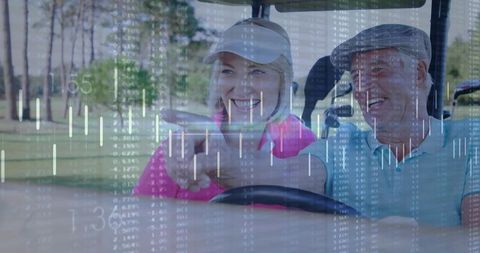 Senior Couple Enjoying Golf on Sunny Day with Financial Chart Overlay