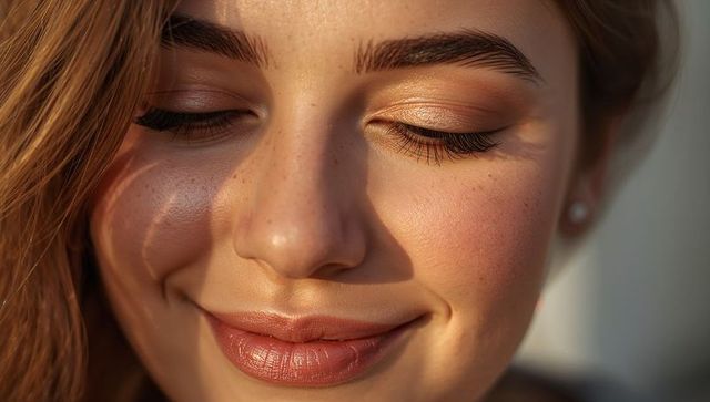 Serene woman closing eyes with soft smile, freckles and glowing dewy skin, pearl stud