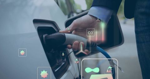 Eco-friendly technology impact with charging station and icons