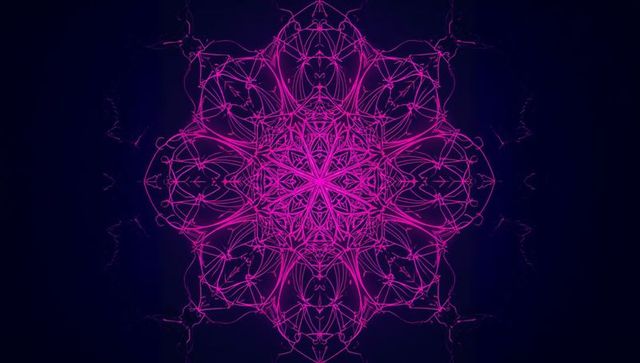 Radiating Neon Magenta Mandala With Fractal Filaments on Dark Navy-Black Gradient