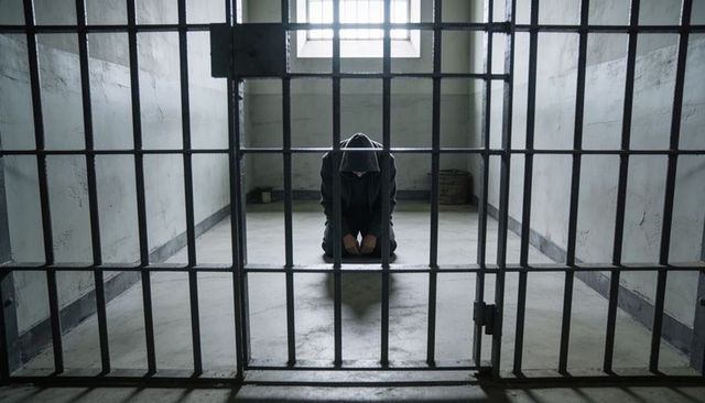 Kneeling hooded inmate bowing head in dim solitary prison cell under high barred window