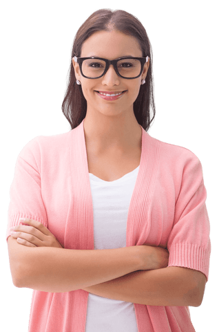 Confident Brunette Woman Smiling with Glasses on Transparent Background