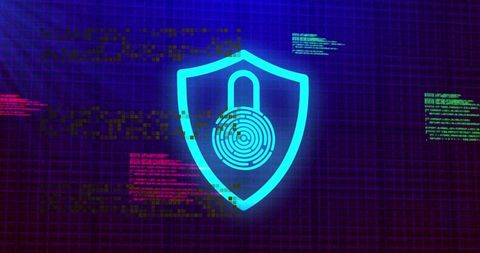 Neon Shield Lock with Fingerprint Biometric Security on Glitching Digital Grid Interface