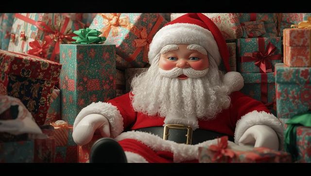 Plush santa claus with gifts surrounded by festive boxes