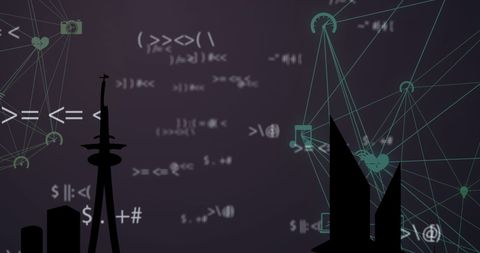 Digital connections and code overlaying city skyline