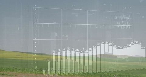 Financial graph overlaying lush farmland illustrating agriculture economics