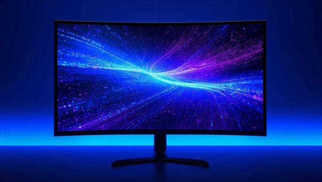 Curved Ultrawide Monitor Displaying Neon Data Stream with Blue LED Backlight