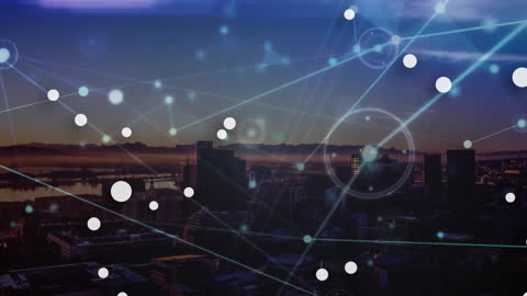 Digital Connections Overlaying Urban Cityscape at Dusk