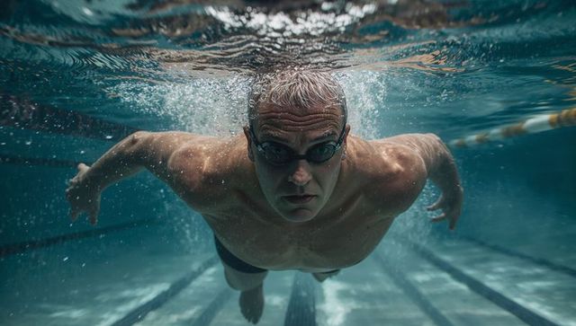 Elderly Man Swimming Underwater in Pool with Focused Expression