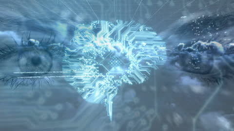 Futuristic Brain Circuit with Digital Eyes Background