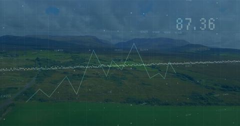 Rural landscape with data analytics graphic overlay