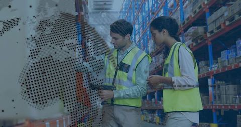 Warehouse team scanning inventory with handheld scanner and digital network overlay