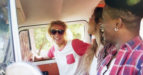 Young Friends Enjoying Road Trip in Vintage Van in Summer - Download Free Stock Images Pikwizard.com