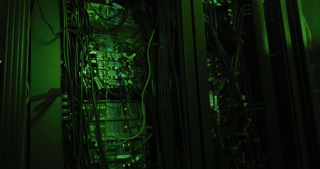 Server room displaying numerous network cables illuminated by green lighting. Ideal for using in content related to data centers, IT infrastructure, server maintenance, and cybersecurity. Suitable for articles, presentations or websites highlighting technological setups, network management, or digital services.