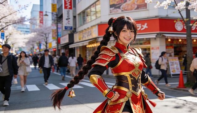 Smiling female cosplayer wearing red and gold armor posing on busy cherry blossom street