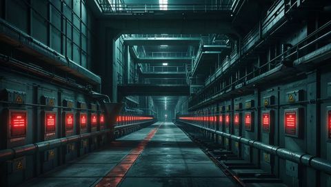 Futuristic industrial corridor with red alert control panels