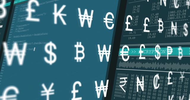 Finance-related display featuring an overlay of various global currency symbols (dollar, pound, euro). Background shows digital screen with financial and stock market data, making it excellent for use in content related to financial markets, forex trading, digital finance, and investment analysis.