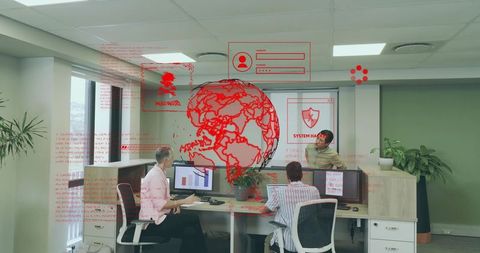Cybersecurity visualization with office workers collaborating on interactive data